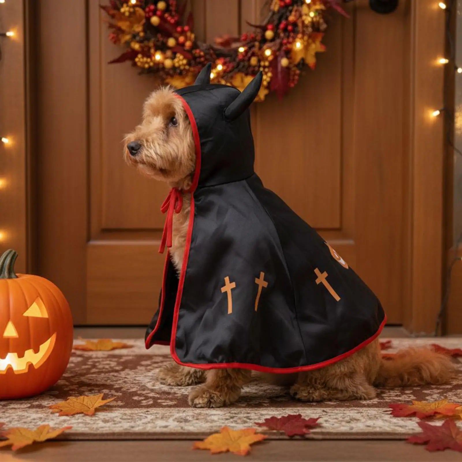 Mantello di Halloween per Cani – Costume Divertente con Corna e Dettagli Rosso Fuoco