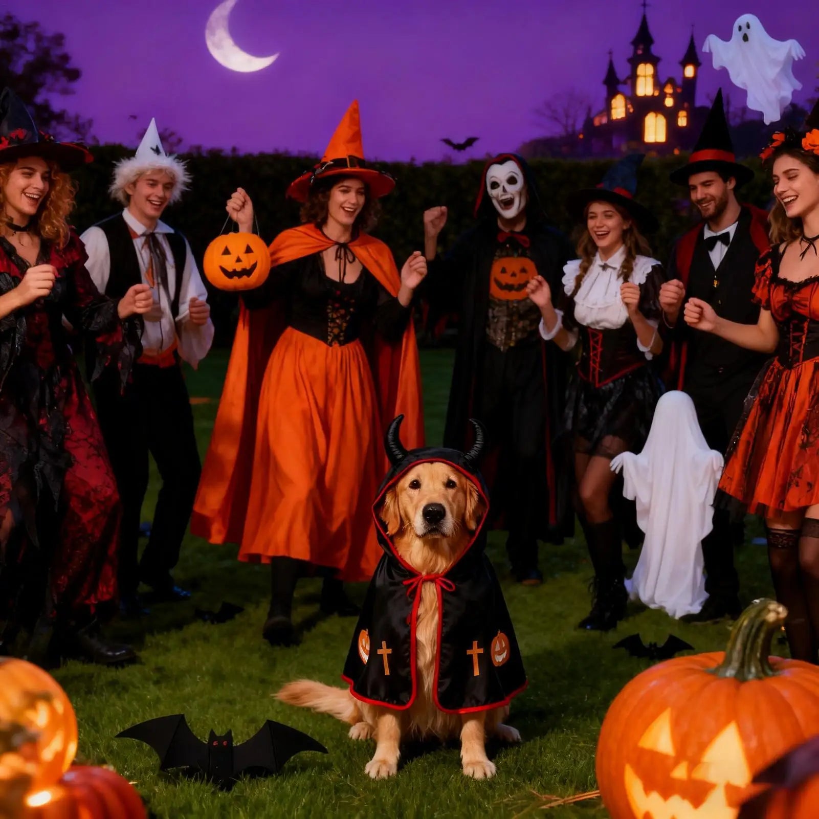 Mantello di Halloween per Cani – Costume Divertente con Corna e Dettagli Rosso Fuoco