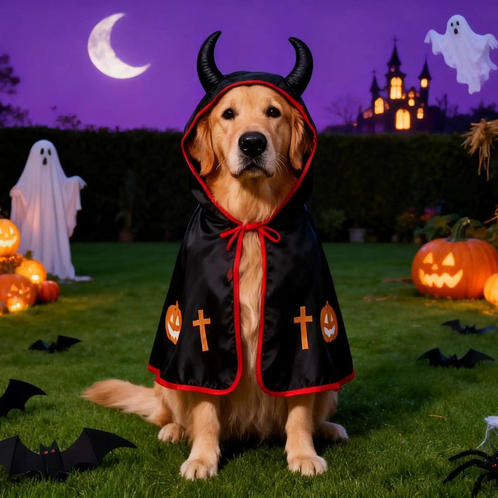 Mantello di Halloween per Cani – Costume Divertente con Corna e Dettagli Rosso Fuoco