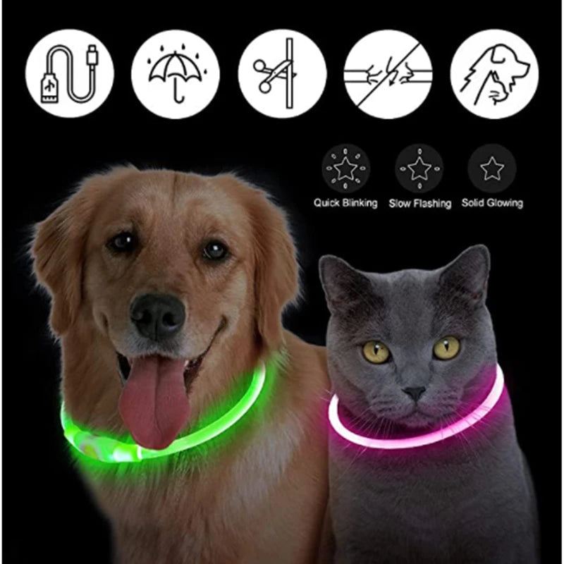 Collare Luminoso LED Ricaricabile per Cani e Gatti – Regolabile, Sicuro e Visibile di Notte