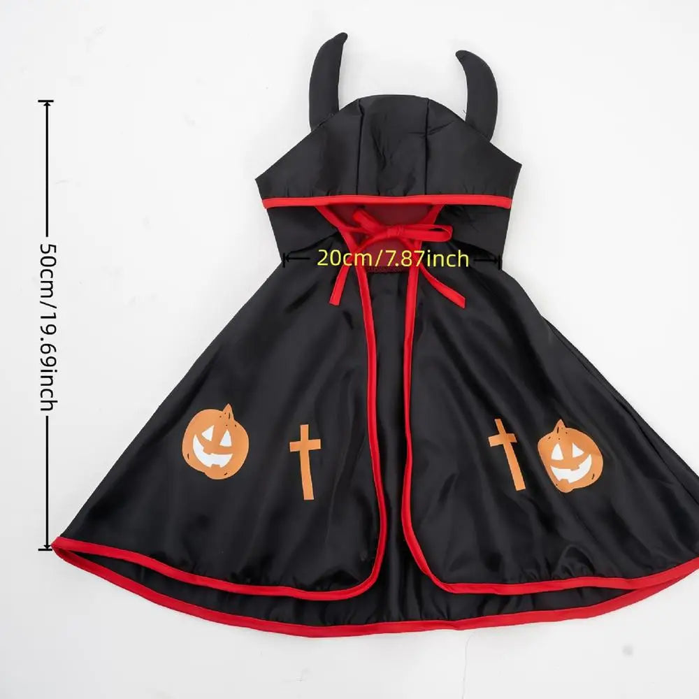 Mantello di Halloween per Cani – Costume Divertente con Corna e Dettagli Rosso Fuoco