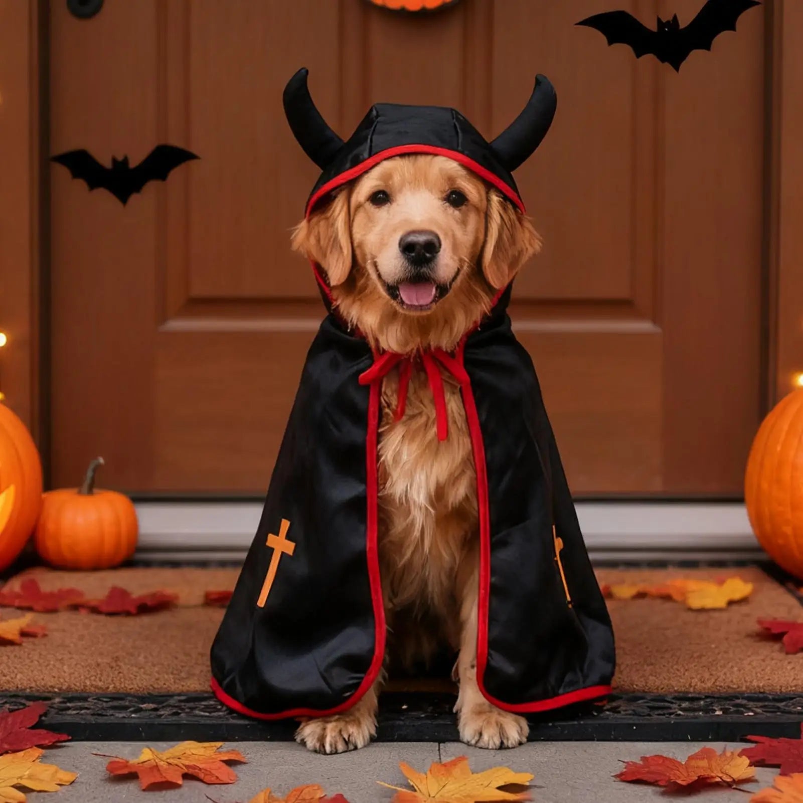 Mantello di Halloween per Cani – Costume Divertente con Corna e Dettagli Rosso Fuoco