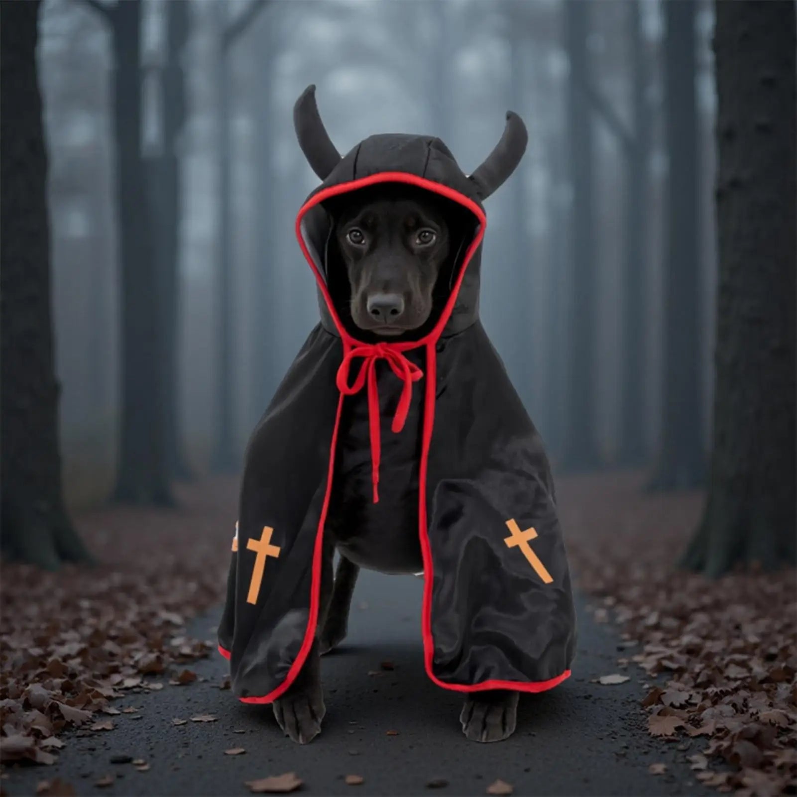 Mantello di Halloween per Cani – Costume Divertente con Corna e Dettagli Rosso Fuoco