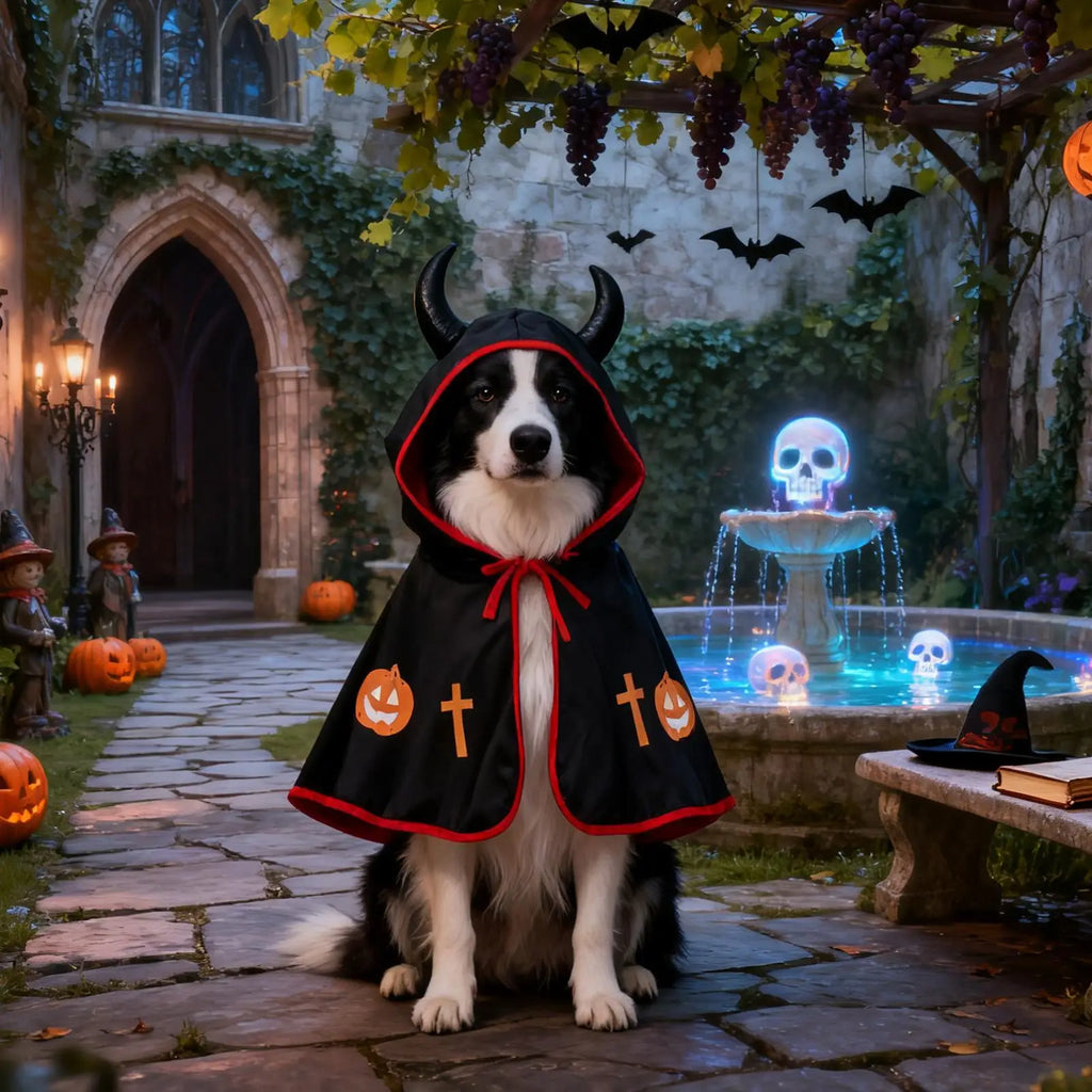 Mantello di Halloween per Cani – Costume Divertente con Corna e Dettagli Rosso Fuoco