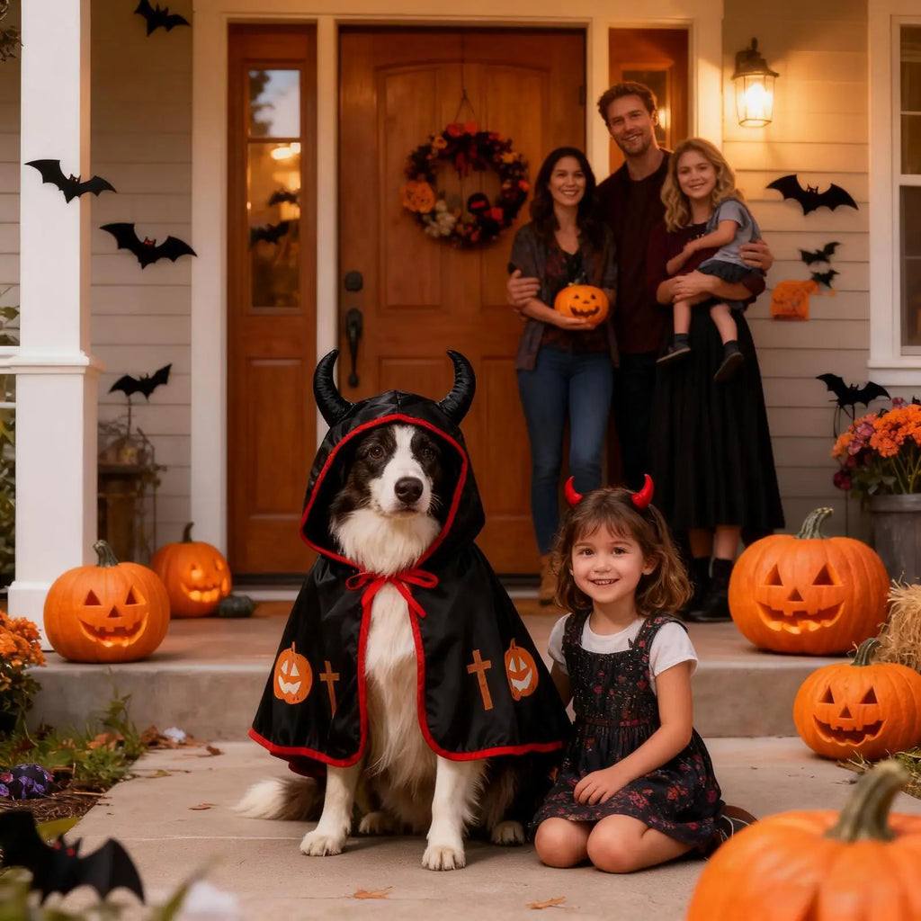 Mantello di Halloween per Cani – Costume Divertente con Corna e Dettagli Rosso Fuoco