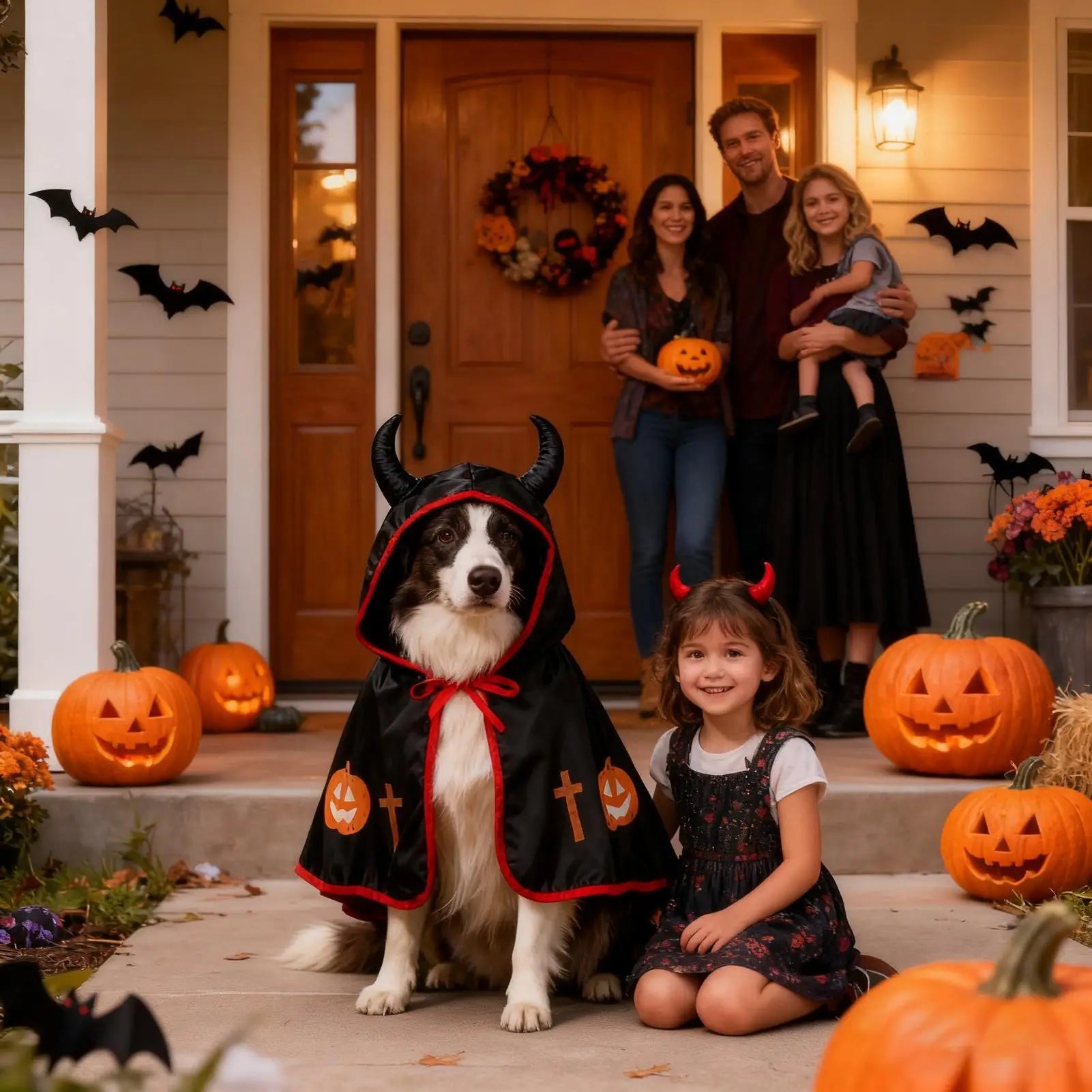 Mantello di Halloween per Cani – Costume Divertente con Corna e Dettagli Rosso Fuoco