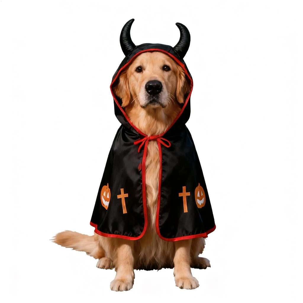 Mantello di Halloween per Cani – Costume Divertente con Corna e Dettagli Rosso Fuoco