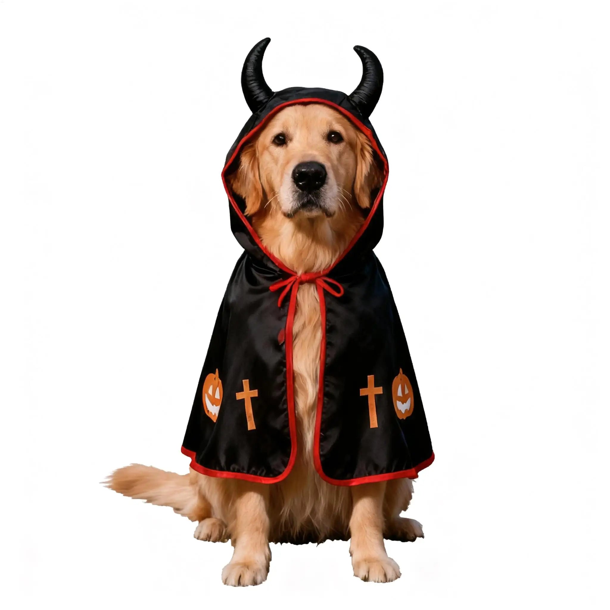 Mantello di Halloween per Cani – Costume Divertente con Corna e Dettagli Rosso Fuoco