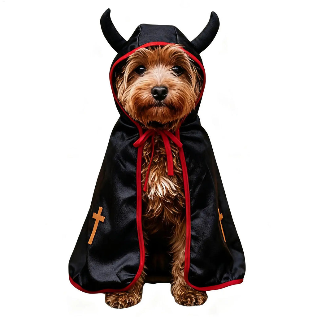 Mantello di Halloween per Cani – Costume Divertente con Corna e Dettagli Rosso Fuoco